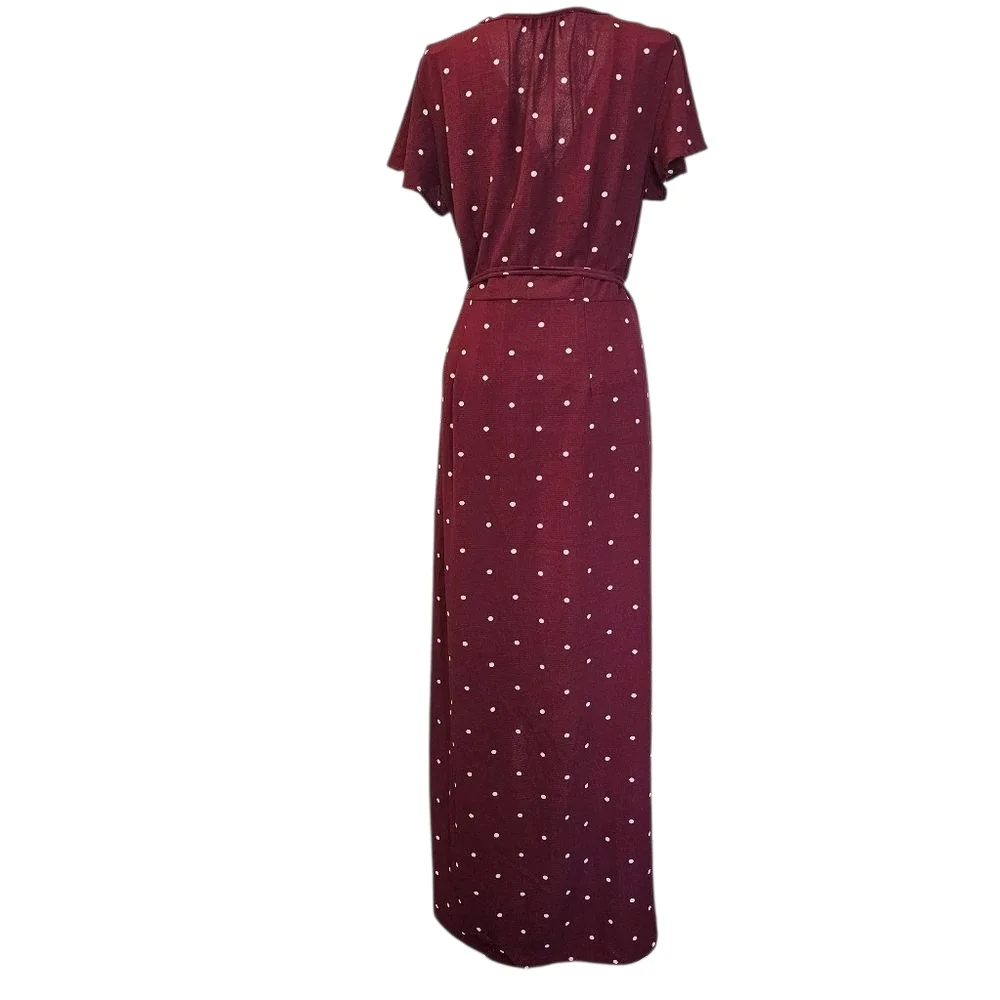 Elegant Burgundy Polka Dot Wrap Dress - Picture 3 of 4